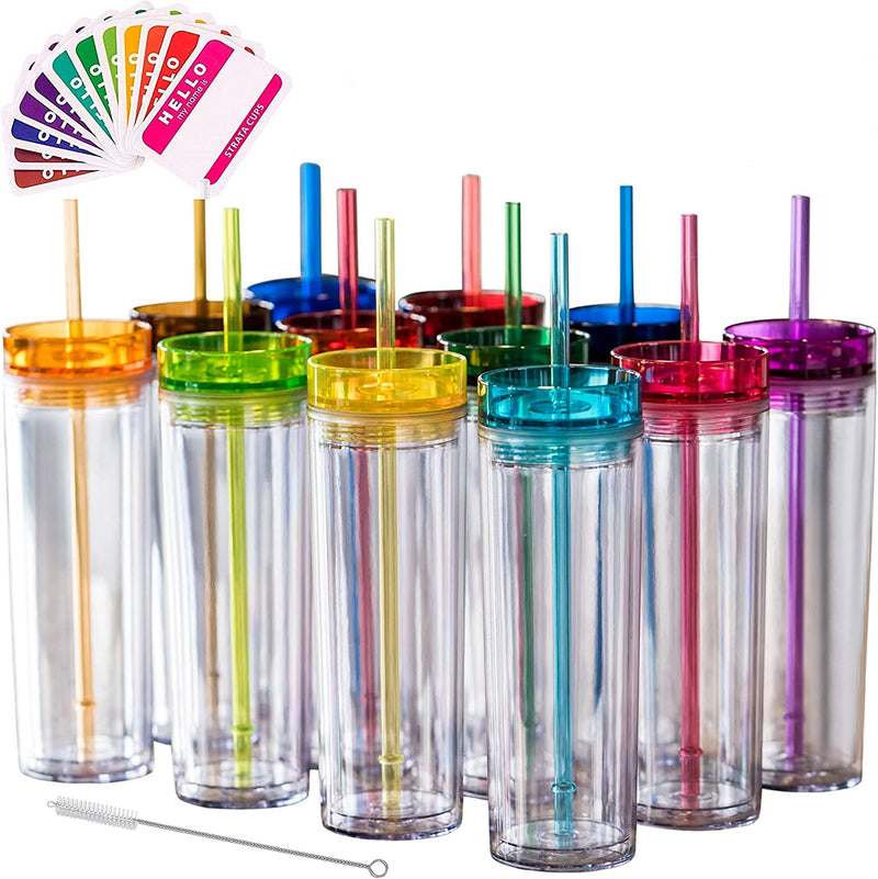 SKINNY TUMBLERS 12 Colored Acrylic Tumblers with Lids and Straws | Skinny, 16Oz Double Wall Clear Plastic Tumblers with FREE Straw Cleaner & Name Tags! Reusable Cup with Straw (Multicolors, 12)