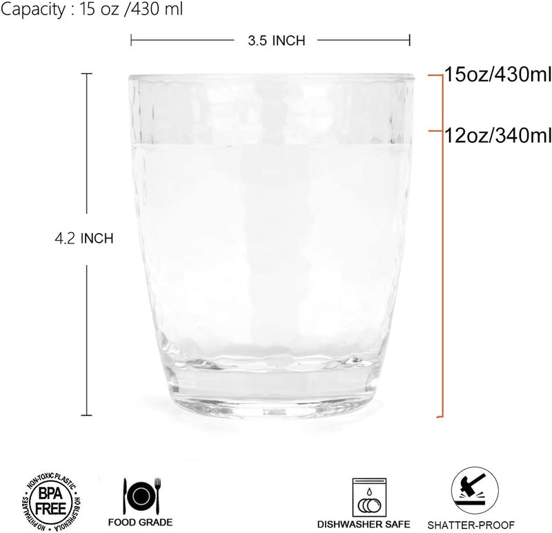 Hammered 15-Ounce and 26-Ounce Plastic Tumbler Acrylic Glasses, Set of 8 Clear