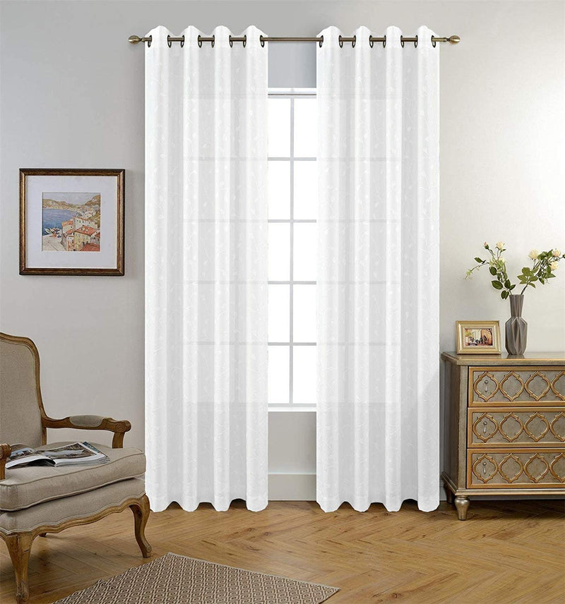 MIUCO Floral Embroidered Semi Sheer Curtains Faux Linen Grommet Window Curtains for Bedroom Living Room 84 Inches Long 2 Panels, Pure White