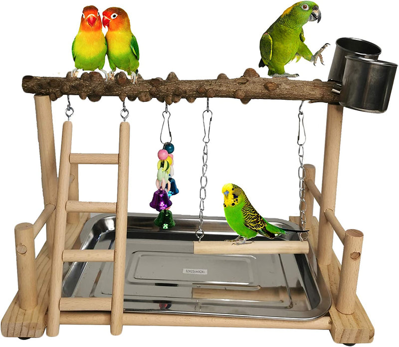 Hamiledyi Parrot Playground Bird Playstand Wood Exercise Play Perch Exercise Gym with Feeder Cups Toys Cockatiel with Ladder Hanging Swing for Pet Conure Lovebirds Life Activity Center Training Stand