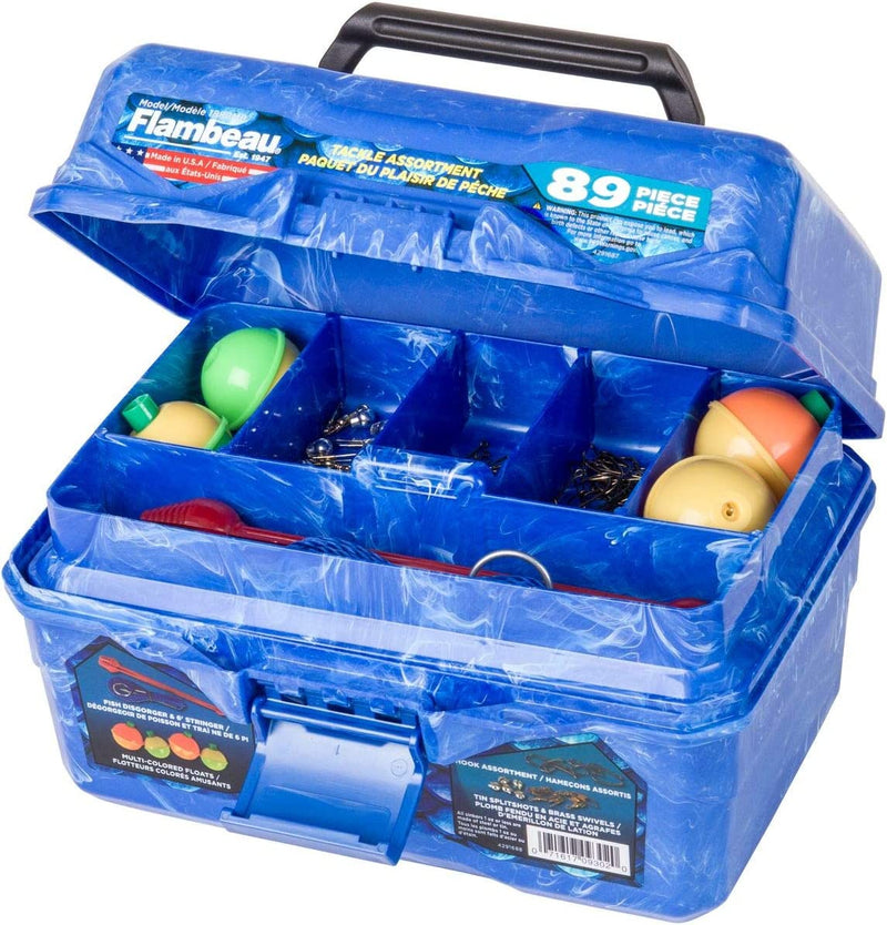 Flambeau Outdoors 355BMR Big Mouth Tackle Box 89-Piece Kit, Complete Starter Fishing Tackle Kit with Stringer, Hooks, Bobbers and More - Pearl Blue Swirl
