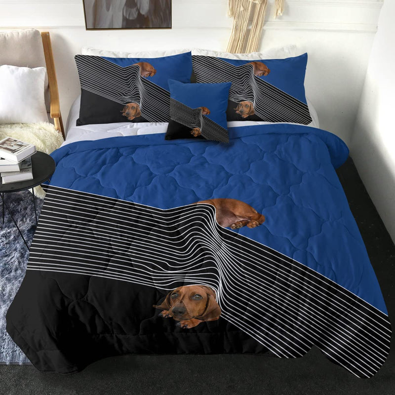 Sleepwish Dachshund & Stripes Comforter Set Cartoon Puppy Dog Bedding Set Kids Boys Weiner Dog Bedding Comforter Cute Dachshund Dog Bed Set 4 Piece Queen Size,Black Blue