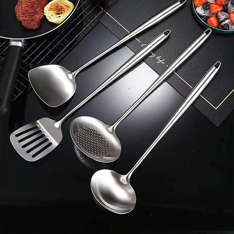 NIITAWH Wok Utensils for Carbon Steel, Stainless Steel Wok Spatula Metal, 4-Pieces 17 Inch Extra Long, Wok Tools Professional Set, Wooden Handle Skimmer, Soup Ladle, Slotted Turner