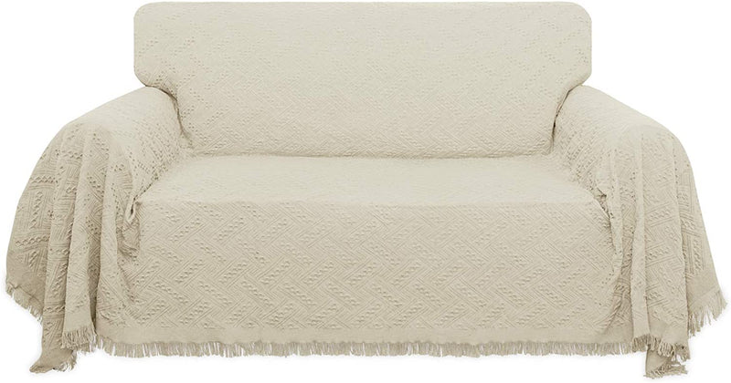 Easy-Going Geometrical Jacquard Sofa Cover, Couch Covers for Armchair Couch, L Shape Sectional Covers for Dogs, Washable Luxury Bed Blanket, Furniture Protector for Pets,Kids(71X 102 Inch,Ivory)