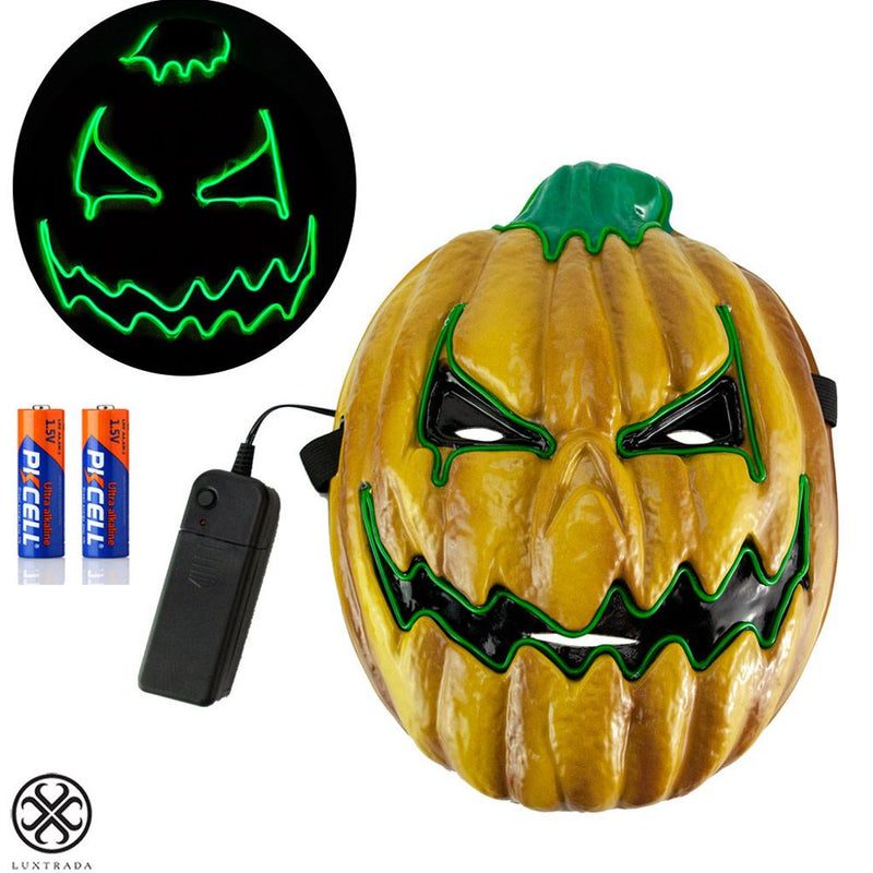 Luxtrada Halloween Scary Pumpkin Mask Cosplay Decorations Led Costume Mask EL Wire Light up for Halloween Festival Party Yellow + 2Pcs AA Battery