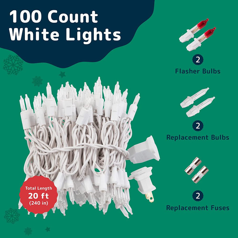 Prextex Christmas Lights (20 Feet, 100 Lights) - Clear White Christmas Tree Lights with White Wire - Indoor/Outdoor Waterproof String Lights - Warm White Twinkle Lights
