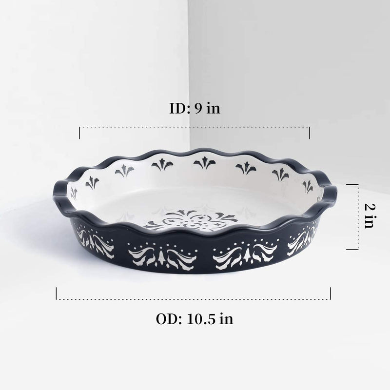 Original Heart Pie Pan Pie Dish Ceramic Pie Plate, 9 Inch, Deep Dish Pie Pans, for Baking, Nonstick, Hand-Painted Floral Pattern Baking Dishes, for Kitchen, Black