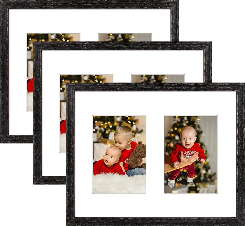 Golden State Art, 11X14 Black Photo Wood Collage Frame with Tempered Glass and White Mat Displays (2) 5X7 Pictures