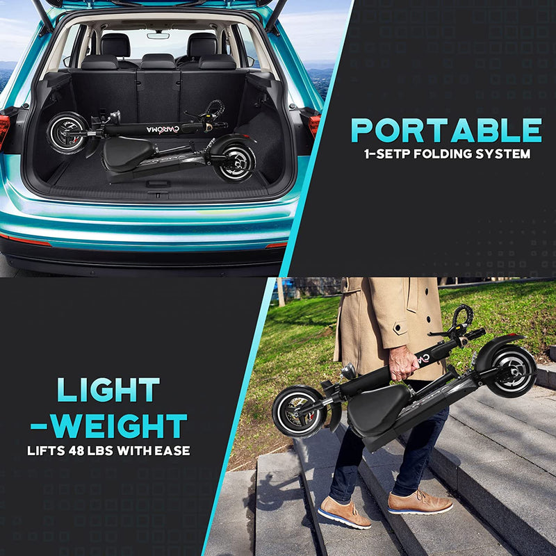 Caroma Electric Scooter Adults Foldable Sports Electric Scooter with Seat for Adult Electric Bike,500W Motor 48V/10.4AH,10" Solid Tires,30Miles Range & 19Mph,330Lbs Load,Dual Brake Headlight&Taillight