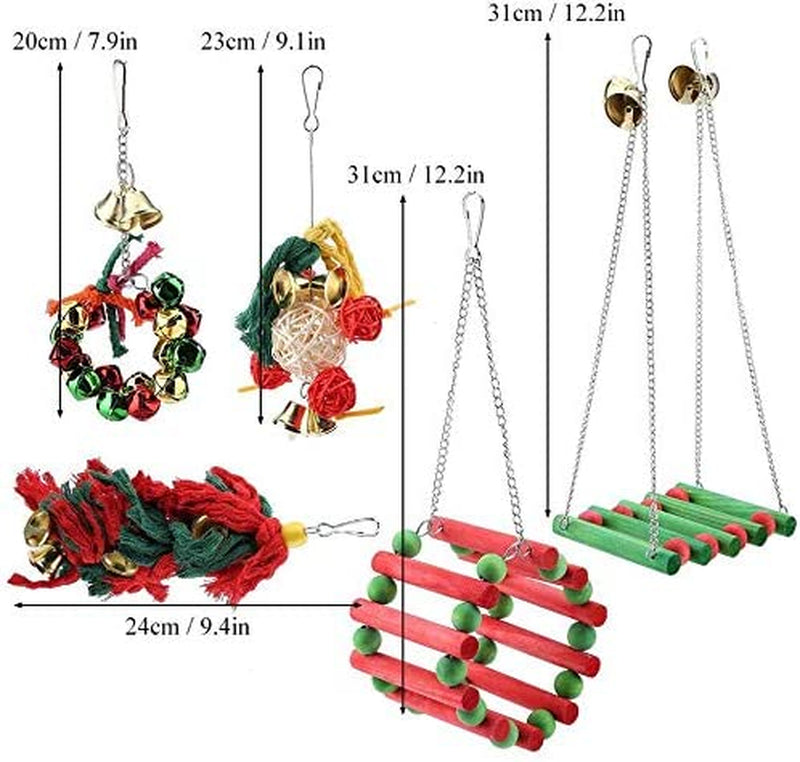 Piufryasc 5 Pcs Pet Bird Parrot Cage Toy, Bird Hanging Swing Shredding Chewing Perches Parrot Toy for Parrot Macaw African Grey Budgie Parakeet Cockatiels Conure Cockatoo Cage Toy Christmas Decoration