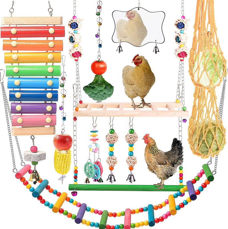 KAKUNM Chicken Toys for Coop 12PCS, Chicken Xylophone, Chicken Swing Set, Chicken Mirror Toy, Chicken Flexible Ladder, Chicken Vegetable String Bag and Hanging Feeder, Chicken Coop Toys for Hens