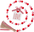 2Ooya Valentine'S Day Wood Beads Garland 41.2 Inch Valentines Rustic Red Pink Wood Bead with Jute Rope Plaid Love Tag Farmhouse Wood Beads Tiered Tray Décor for Valentine Party