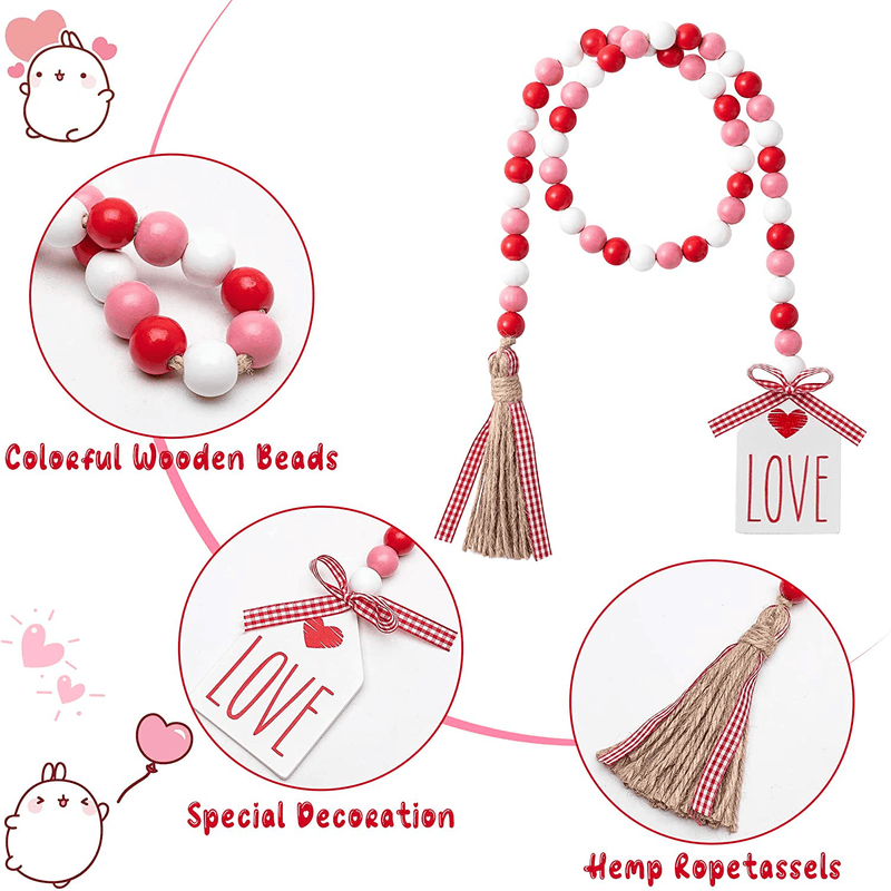 2Ooya Valentine'S Day Wood Beads Garland 41.2 Inch Valentines Rustic Red Pink Wood Bead with Jute Rope Plaid Love Tag Farmhouse Wood Beads Tiered Tray Décor for Valentine Party