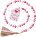 2Ooya Valentine'S Day Wood Beads Garland Tassel 41.2 Inch Valentines Farmhouse Pink Plaid Wood Bead with Jute Rope Plaid Love Tag Rustic Wood Beads Tiered Tray Wall Hanging Décor for Valentine Party
