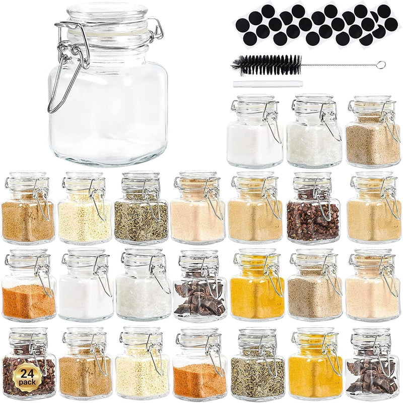 3 OZ Small Glass Jars with Lids, 24 PACK Glass Spice Jars with Airtight Lids, Small Glass Storage Jars with Leak Proof Rubber Gasket for Spice, Seasoning, Included Labels, Pens, Brush