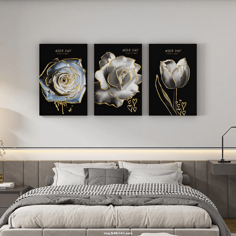 3 Panels Black and White Canvas Wall Art Bathroom Decor Gold Blue Butterfly Flower Poster Abstract Prints Paintings Artwork Framed Ready to Hang Modern Home Decoration For Kitchen Living Room Bedroom