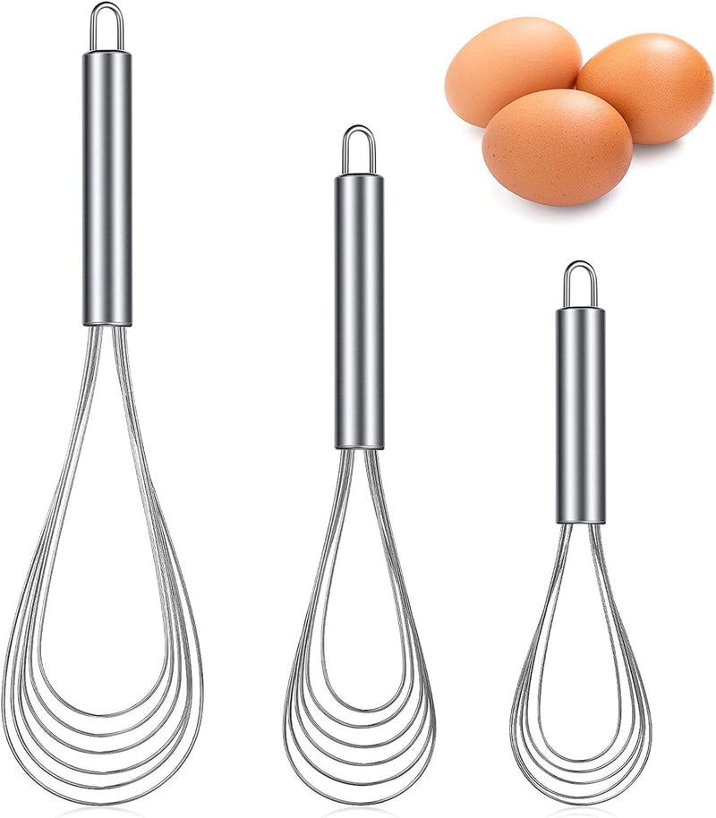 3 Pieces Stainless Steel Kitchen Flat Whisk Set 8 Inch, 10 Inch and 11.6 Inch Stainless Steel Flat Wire Egg Utensils Whisk 6 Wires Egg Mixing Whisk for Cooking Blending Whisking Beating Stirring