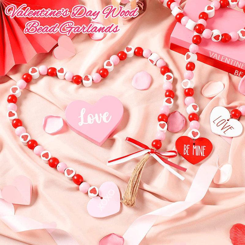 3 Pieces Valentine'S Day Wood Bead Garlands with Tassels Hanging Wooden Love Heart Ornaments Farmhouse Rustic Beads for Tiered Tray Decorations Valentine'S Day Decor