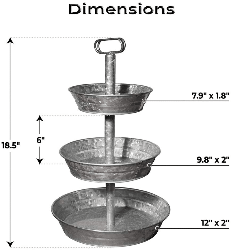 3 Tiered Tray Decor Stand - Galvanized 3 Tier Tray for Cupcake, Dessert, Fruit or Vegetable - Authentic Farmhouse Tiered Tray for Home Decor - Tiered Serving Stand - Ergonomic Three Tiered Tray
