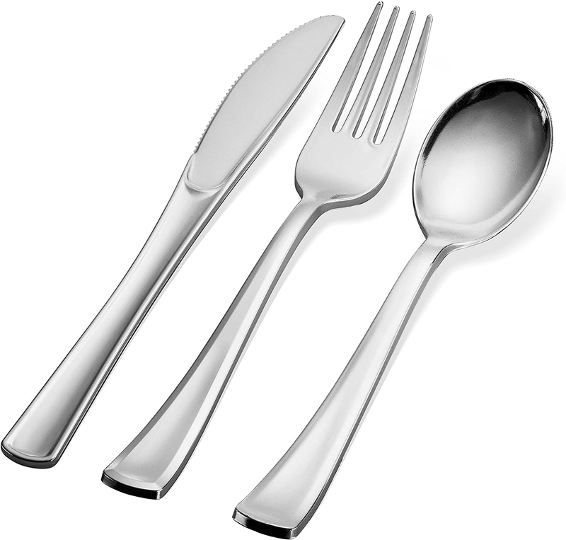 300 Plastic Silverware Set - Silver Plastic Cutlery Set - Disposable Silverware Set - Flatware Set - 100 Plastic Silver Forks - 100 Silver Spoons - 100 Plastic Silver Knives - Heavy Duty - Party Bulk