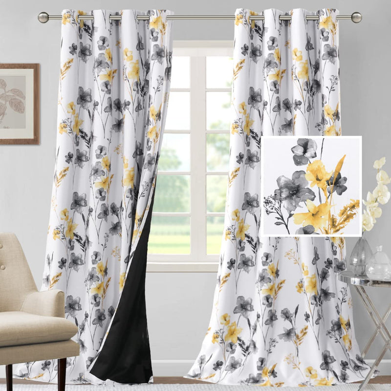 H.VERSAILTEX 100% Blackout Curtains 84 Inch Length 2 Panels Set Cattleya Floral Printed Drapes Leah Floral Thermal Curtains for Bedroom with Black Liner Sound Proof Curtains, Navy and Taupe