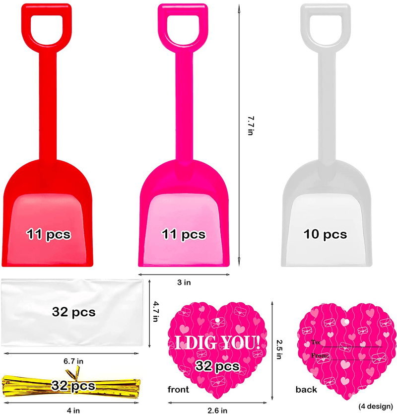 32 Pack Valentines Day Cards with Toy Plastic Shovel I Dig You Treat Bag Bulk for Kids, Valentines Gifts for Boys Girls, Fun Valentines Party Favors, Classroom Exchange Prizes for School Class Teacher