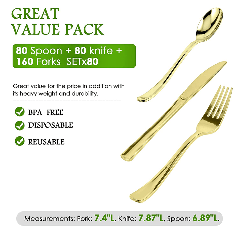 320 Plastic Silverware Set - Plastic Cutlery Set - Disposable Flatware - 160 Plastic Forks, 80 Plastic Spoons, 80 Cutlery Knives Heavy Duty Silverware for Party Bulk Pack