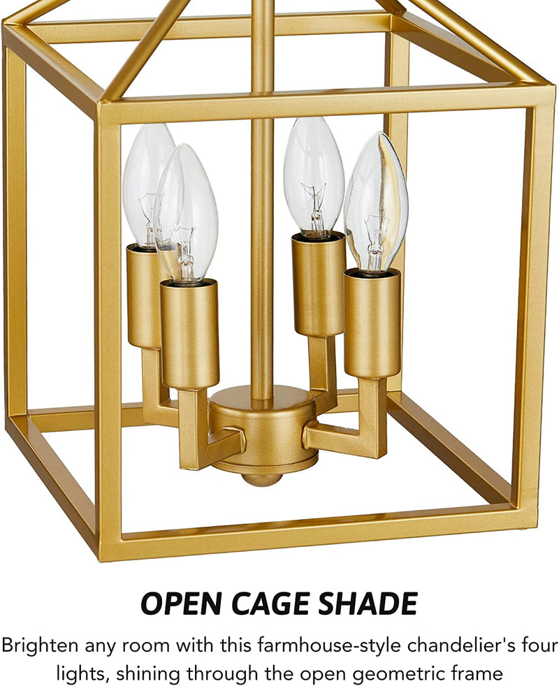 VONLUCE Gold Lantern Frame Pendant Lighting for Kitchen Island Adjustable, 4-Light Brass Geometric Chandelier Light Fixture, Gold Lantern Cage Chandelier for Dining Room Foyer Entryway