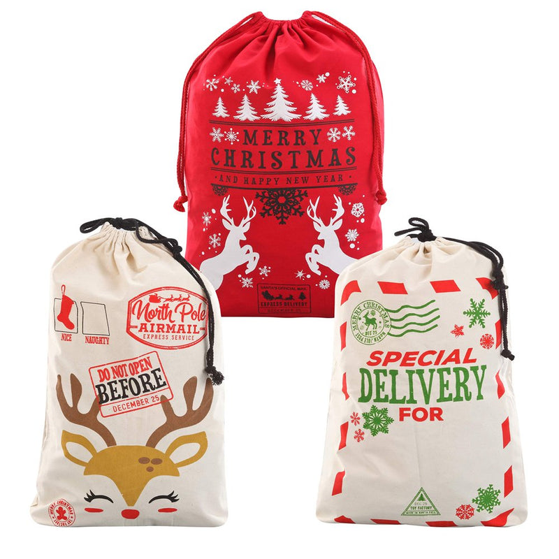 JOYIN 3 Packs Christmas Gift Bags, Santa Burlap Sack with Drawstring for Large Xmas Package Storage, Event Party Supplies, Christmas Party Favors