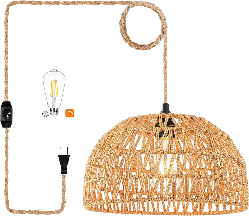 Plug in Pendant Light Rattan Hanging Lights with Plug in Cord Wicker Hanging Lamp with Woven Bamboo Basket Lamp Shade,Dimmable Switch,Boho Plug in Ceiling Light Fixtures for Kitchen,Farmhouse,Bedroom