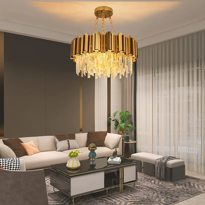 Modern Chandeliers Crystal with Light Gold Crystal Chandelier Hanging Ceiling Light Fixture 9 Lights Chandelier Modern Crystal round Pendant Light Fixture Dining Room Living Room Bedroom W22In