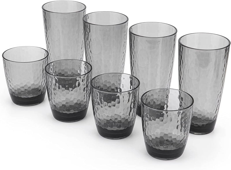Hammered 15-Ounce and 26-Ounce Plastic Tumbler Acrylic Glasses, Set of 8 Smoky Grey