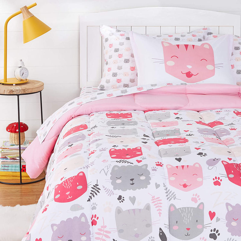 Kids Bed-In-A-Bag Microfiber Bedding Set, Easy Care, Twin, Pink Kitties - Set of 5 Pieces