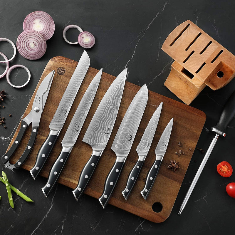 NANFANG BROTHERS Knife Set, 9-Piece Damascus Kitchen Knife Set with Block, ABS Ergonomic Handle for Chef Knife Set, Knife Sharpener and Kitchen Shears, Knife Block Set