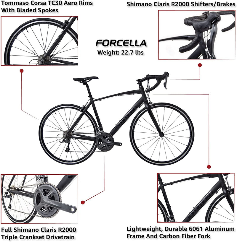 Tommaso Forcella Endurance Aluminum Road Bike, Carbon Fork, Shimano Claris R2000, 24 Speeds, Aero Wheels, Matte Black, Matte White