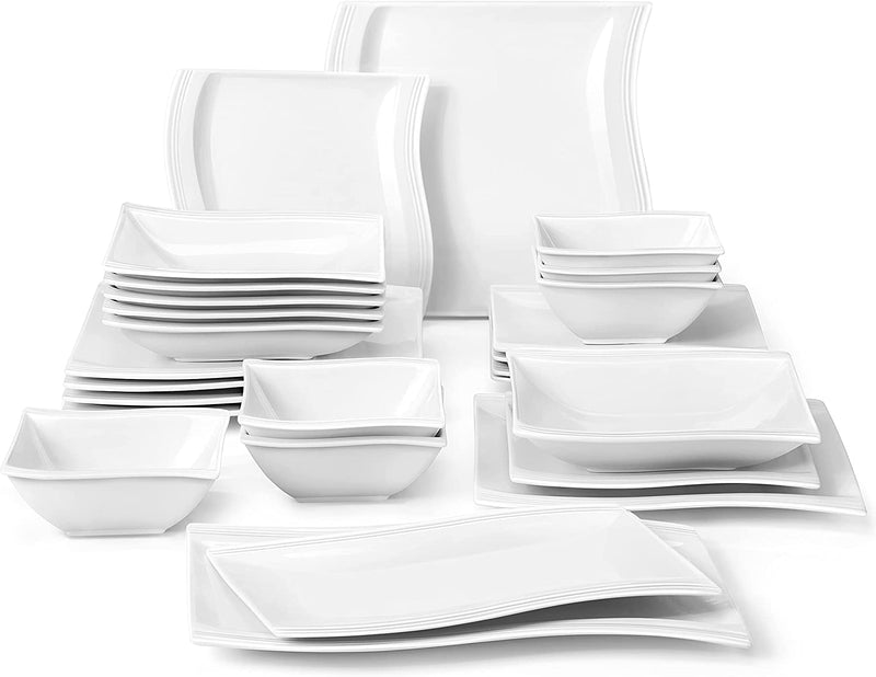 MALACASA Dinnerware Sets, 30 Piece Marble Grey Square Plates and Bowls Sets, Porcelain Dinner Set with Dishes, Plates Set, Cups and Saucers, Modern Dish Set for 6, Series Flora