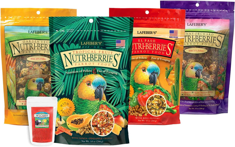 LAFEBER'S Nutri-Berries Pet Bird Food Variety Sampler Bundles, Made with Non-Gmo and Human-Grade Ingredients, for Parrots, 10 Oz. Each (4 Pk Bundle) with Free Avi-Cake Sample