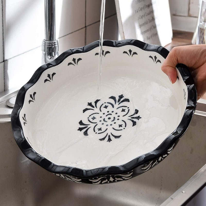 Original Heart Pie Pan Pie Dish Ceramic Pie Plate, 9 Inch, Deep Dish Pie Pans, for Baking, Nonstick, Hand-Painted Floral Pattern Baking Dishes, for Kitchen, Black
