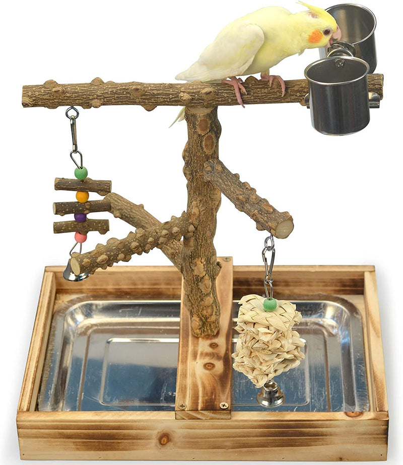 LIMIO Natural Wood Bird Toys Playground, Bird Cage Accessories, Bird Perches, with Removable Tray and 2 Stainless Steel Cups