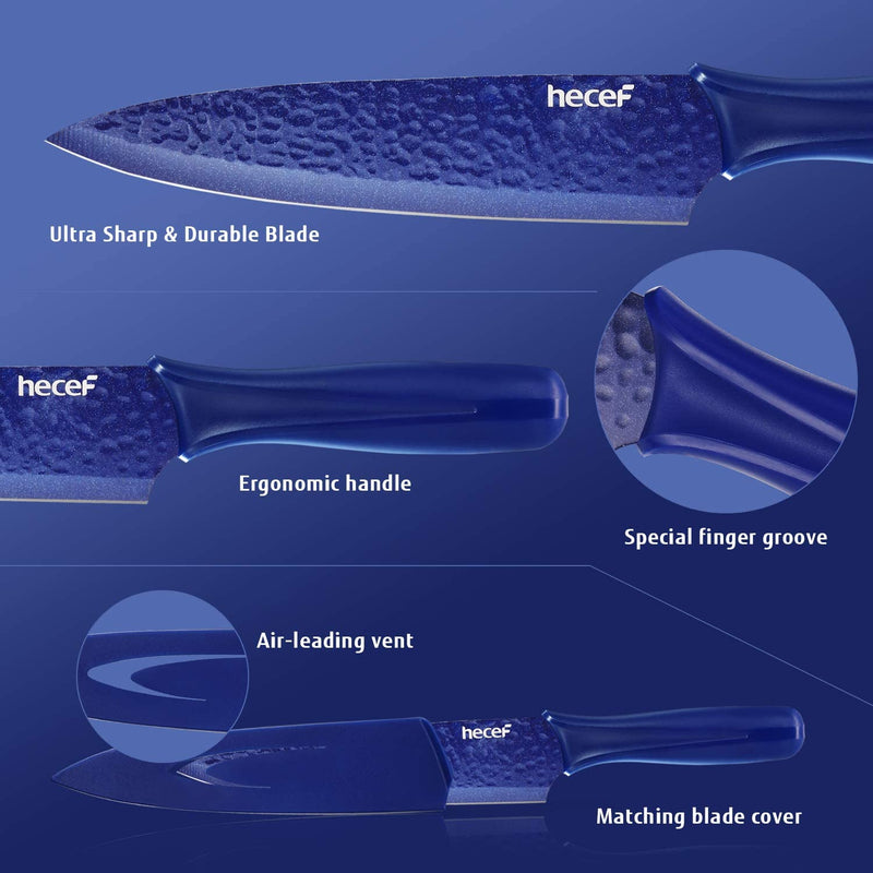 Hecef Galaxy Blue Kitchen Knife Set of 5, Non-Slip Metallic Ceramic Coated Chef Knife Set, Hammered Blade with Plastic Handle and Protective Blade Sheath
