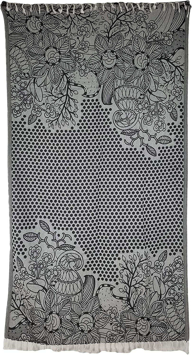 Infusezen Flower Print Turkish Towel with Polka Dots - Extra Large Thin and Lightweight Floral Peshtemal Hammam, Beach or Bath Fouta Towel - Reversible 100% Cotton Pool Gym Towel (Black)