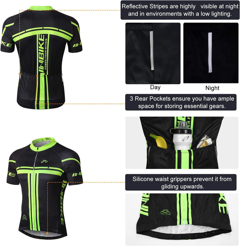 INBIKE Cycling Jersey Mens Set Reflective Breathable Biking Outfit Quick-Dry Bib Bicycle Jersey with 3D Padded Shorts