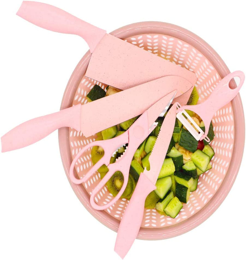 Kitchen Knife Set Pink - 5 Piece Cooking Knives, Non-Stick and Sharp Chef Knife Sets for Kitchen Cutting Meat, Scissors and Ceramic Peeler for Slicing, Paring Fruits and Vegetables