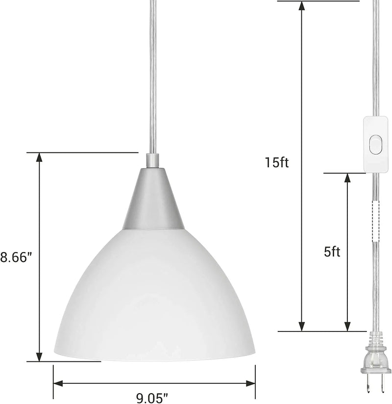 DEWENWILS Plug in Pendant Light, Hanging Light with 15Ft Clear Cord, On/Off Switch, Frosted Plastic White Shade, Hanging Ceiling Light for Living Room, Bedroom, Dining Hall, Pack of 2