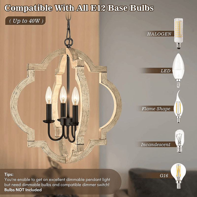 4-Light Farmhouse Chandelier Ceiling Light, Rustic Wood Hanging Light Orb Pendant Chandelier With Adjustable Hanging Chain, Vintage Chandelier For Dining Room Kitchen Foyer Hallway（Bulbs Not Included)