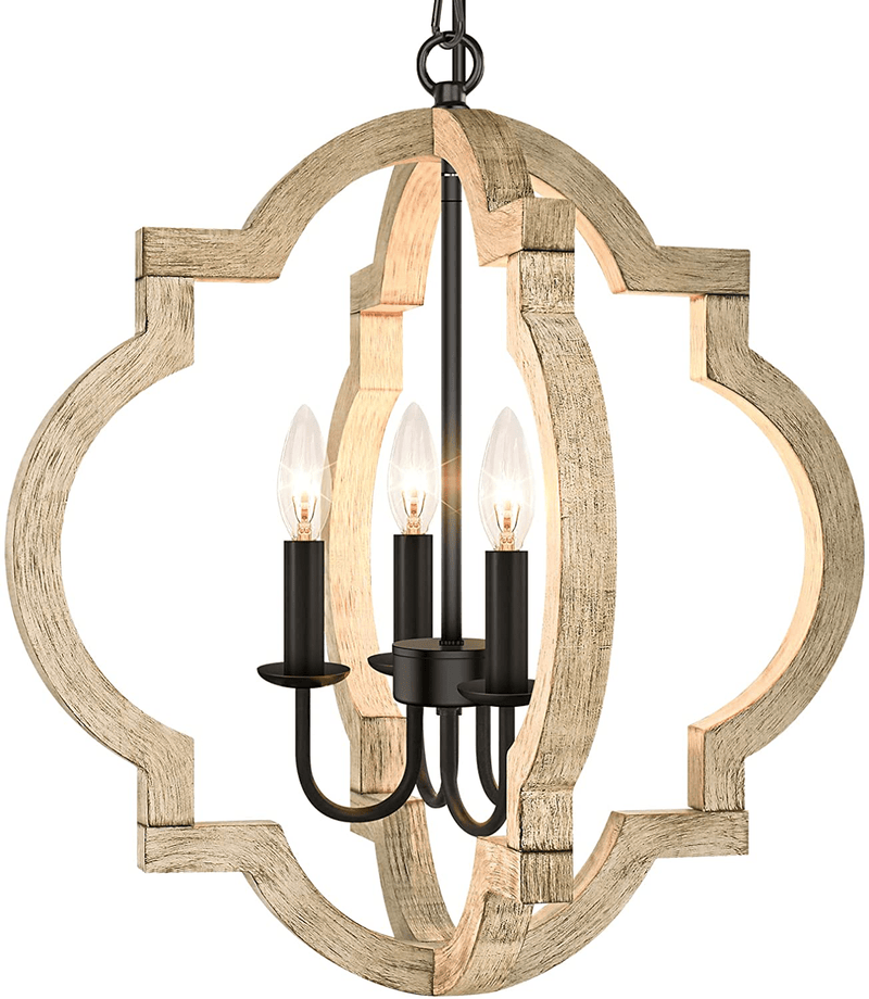 4-Light Farmhouse Chandelier Ceiling Light, Rustic Wood Hanging Light Orb Pendant Chandelier With Adjustable Hanging Chain, Vintage Chandelier For Dining Room Kitchen Foyer Hallway（Bulbs Not Included)