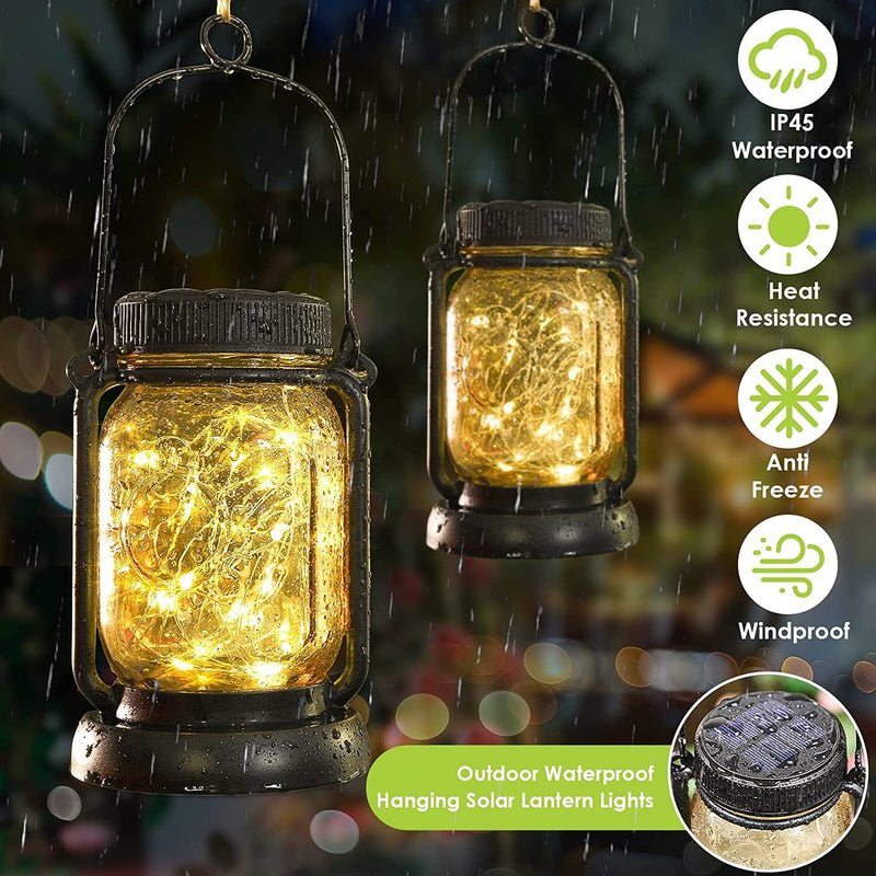 4 Pack Solar Hanging Mason Jar Lights with Stakes, Outdoor Waterproof Decorative Solar Lantern Table Lamp, Vintage Glass Jar Starry Fairy Light with 30 Leds for Patio Garden Tree (Warm White)
