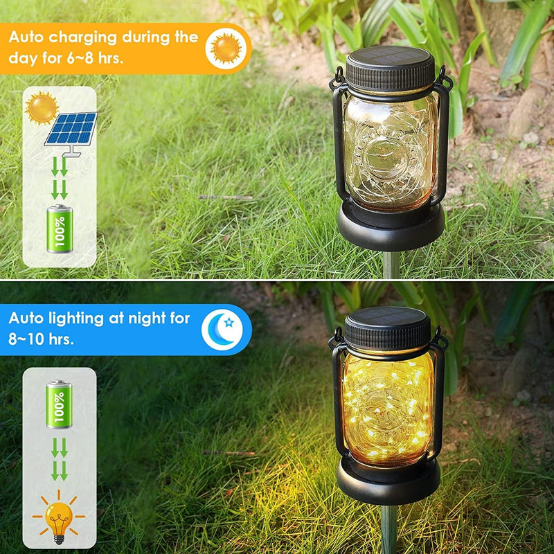 4 Pack Solar Hanging Mason Jar Lights with Stakes, Outdoor Waterproof Decorative Solar Lantern Table Lamp, Vintage Glass Jar Starry Fairy Light with 30 Leds for Patio Garden Tree (Warm White)
