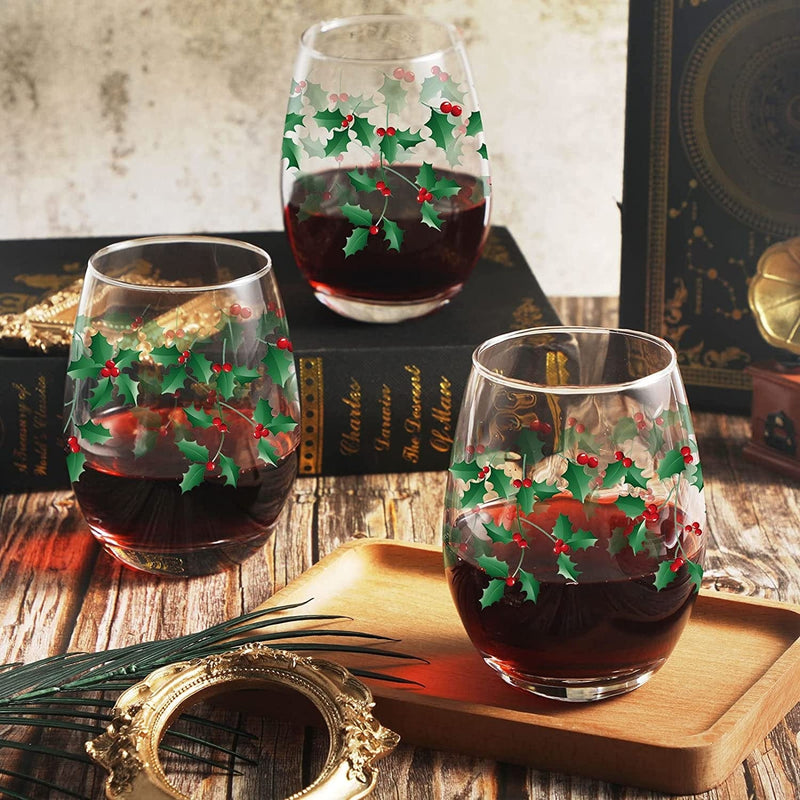 4 Pcs Christmas Stemless Wine Glasses Happy Holidays Wine Glass Winter Leaf and Berry Wine Glasses 17 Oz Wine Glass Xmas Birthday Gifts for Women Men Family Friends