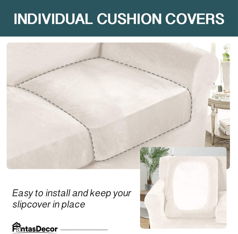 4 Piece Sofa Covers Velvet Couch Covers for 3 Cushion Couch Stretch Sofa Slipcover with Individual Seat Cushion Covers Elastic Furniture Protector for Pets, Machine Washable (Sofa, Ivory)